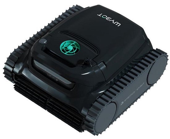 Zwarte zwembadreiniger robot met rupsbanden, handvat, groen Wybot logo, van boven gezien.