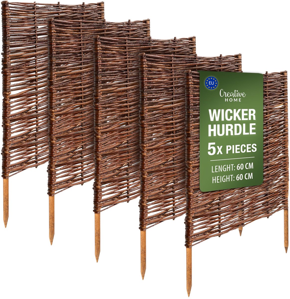 Creative Home rieten bedrand rieten schutting set van 5 | 60 x 60 cm (+/- 1 cm) | tuinafscheiding bedrand piket schutting | gazonafscheiding bedrand | decoratieve schutting tuin