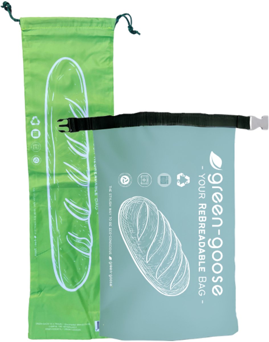 green-goose® Herbruikbare Broodzak Set - 42x28cm - 70x21cm - Gemaakt van 100% Gerecyclde PET Flessen - Broodzakken voor (Zelfgemaakt) Brood, Stokbrood - Diepvriesbestendig - Wasmachine Wasbaar
