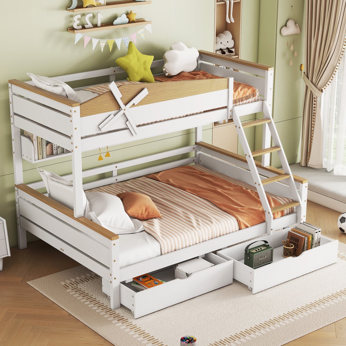 MODENUIT Stapelbed 90x200/140x200 cm – Met Windmolen en 4-Treeds Ladder – Met Planken en 2 Laden – Zonder matras – Wit/Naturel Wit + Natuur