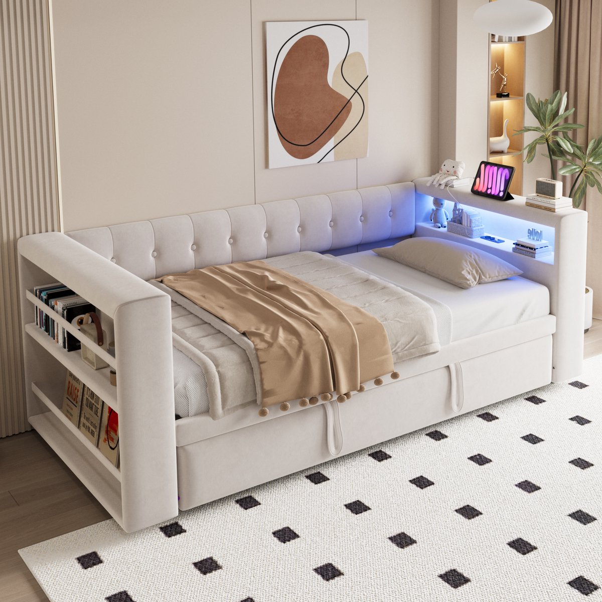 Merax 90/180x190 cm slaapbank - met uitschuifbaar bed - met LED-verlichting - stopcontact en opbergruimte - beige - zonder matras
