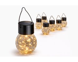 Solar Lamp Buiten Set van 10 - LED Tuinverlichting op Zonne-energie - Hangende Solar Lantaarn - Glazen Bol Crackle Design - Zwart Ø6 × 14 cm
