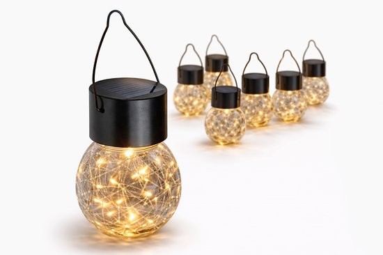 Solar Lamp Buiten Set van 10 – LED Tuinverlichting op Zonne-energie – Hangende Solar Lantaarn – Glazen Bol Crackle Design – Warm Wit Licht 3000K – Sfeerverlichting Tuin, Balkon & Terras – Zwart Ø6x14 cm