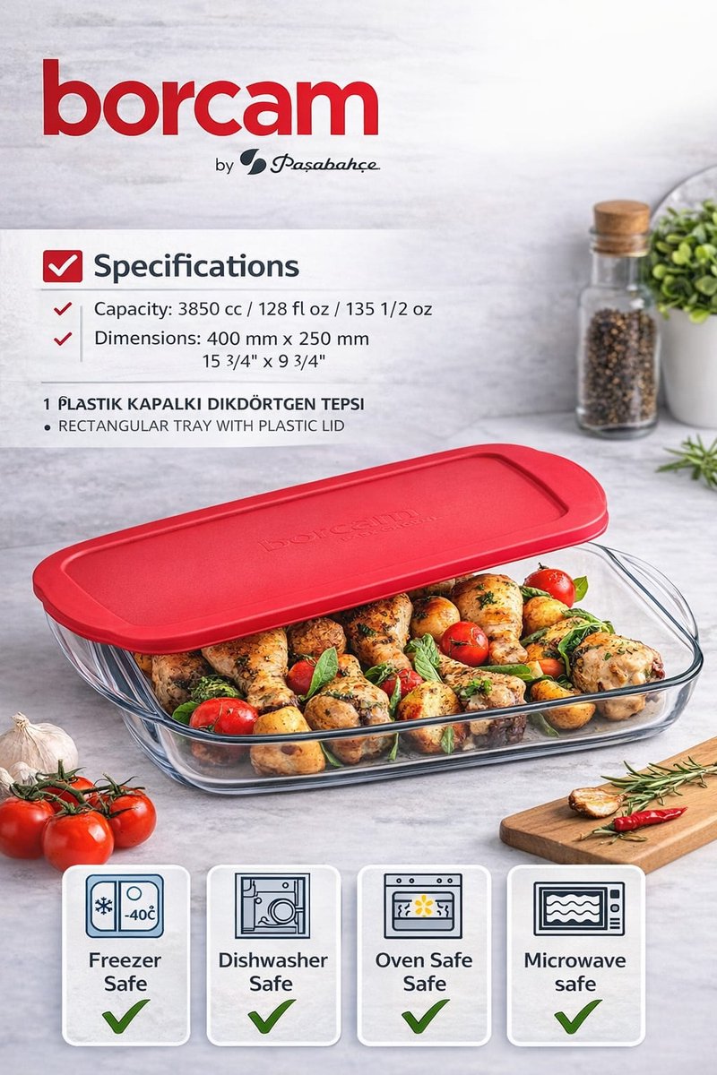Borcam Rectangular Glass Oven Dish with Lid – 3850 ml – 40x25 cm – Oven, Microwave, Freezer & Dishwasher Safe