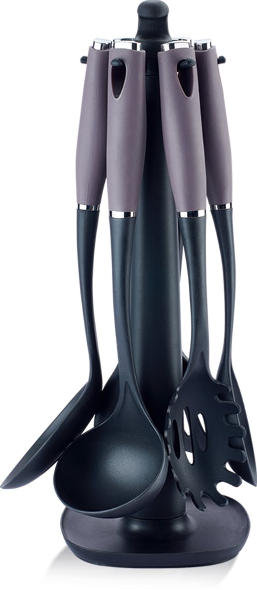 Swiss Haus® KU7T Nylon Keukengerei Sets Met Houder - 8 Delig Kookgerei Set - BPA Vrij & Hittebestendig - Vaatwasserbestendig - Ophangbaar - Paars