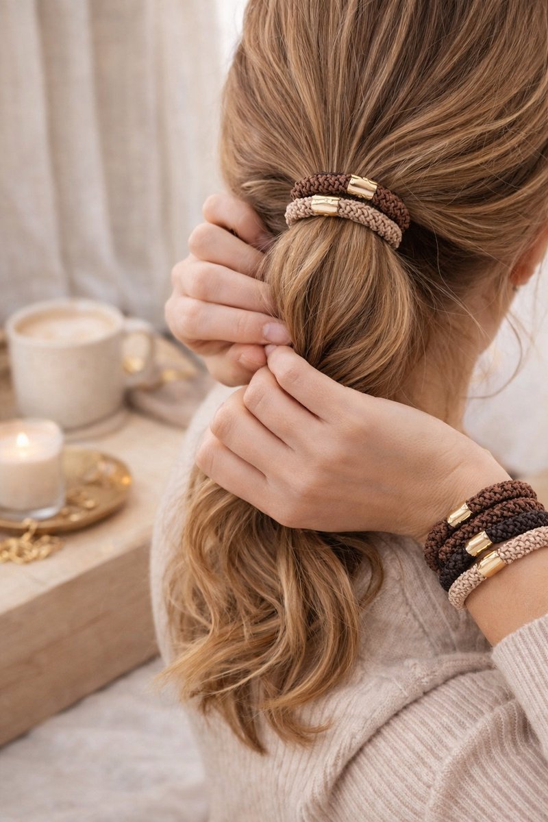 15 x Knekkie Haarelastiekjes met Kraaltje – Gevlochten Elastiek & Armband – Bruine Stijl — cadeau in Mode & Accessoires - foto 2