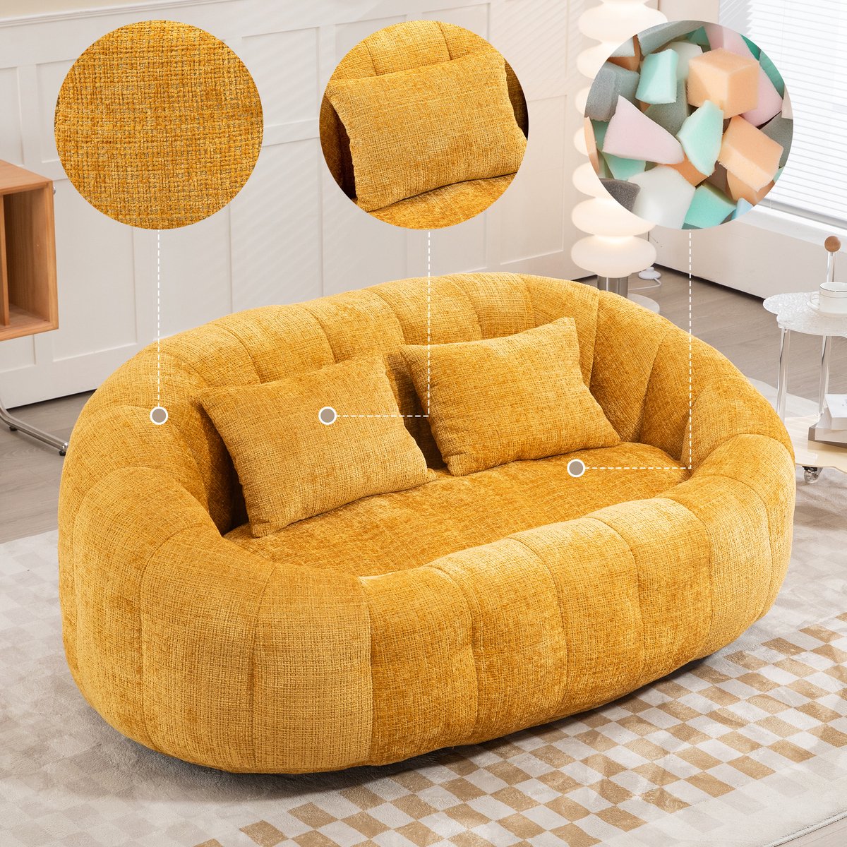 Intebiki Volwassen Highback Zitzak Stoel-Corduroy Stof-Indoor Woonkamer Gaming Zitzak Ligstoel met Ergonomisch Ontwerp-145 x 95 x 63 cm-Inclusief twee kussens - Geschikt voor slaapkamers en kantoren-geel