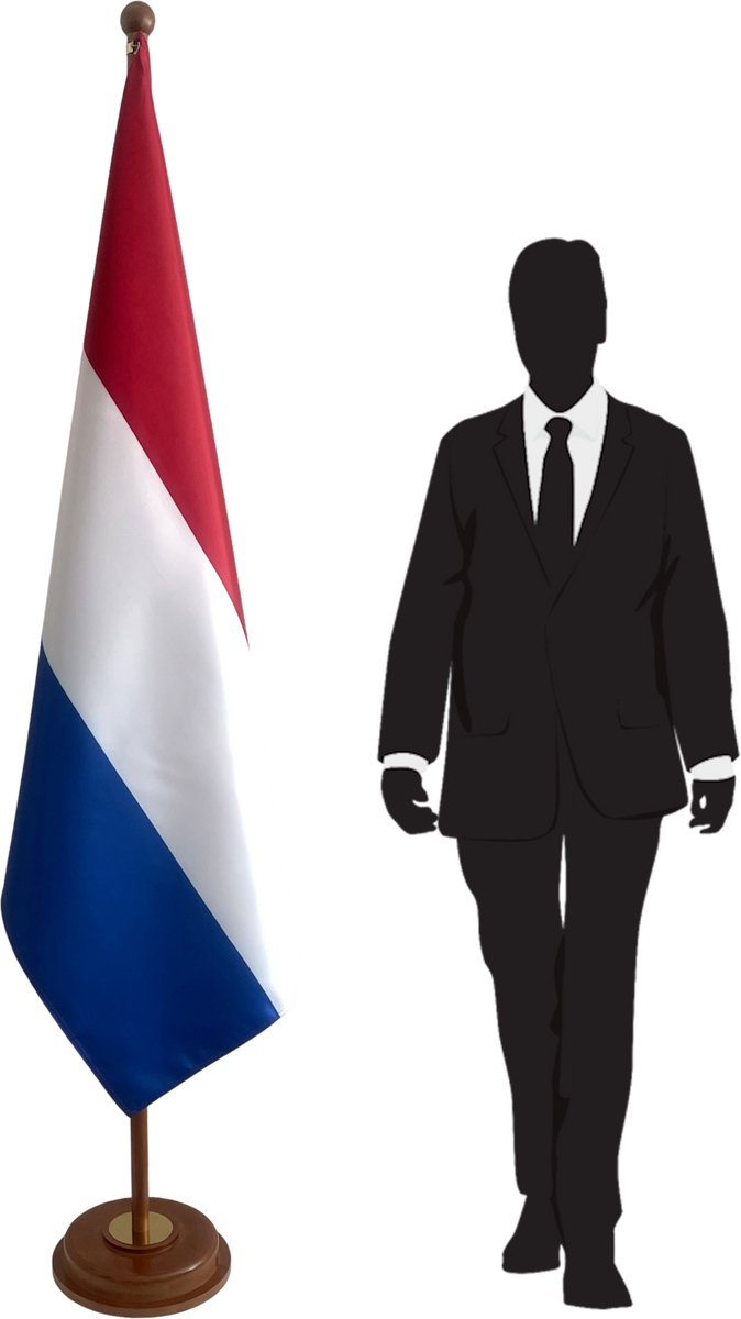 Nederlandse vlag met standaard en mast – Luxe vloerstandaard in gelakt hout – 100x150 cm dubbelzijdig – Professionele binnenvlag