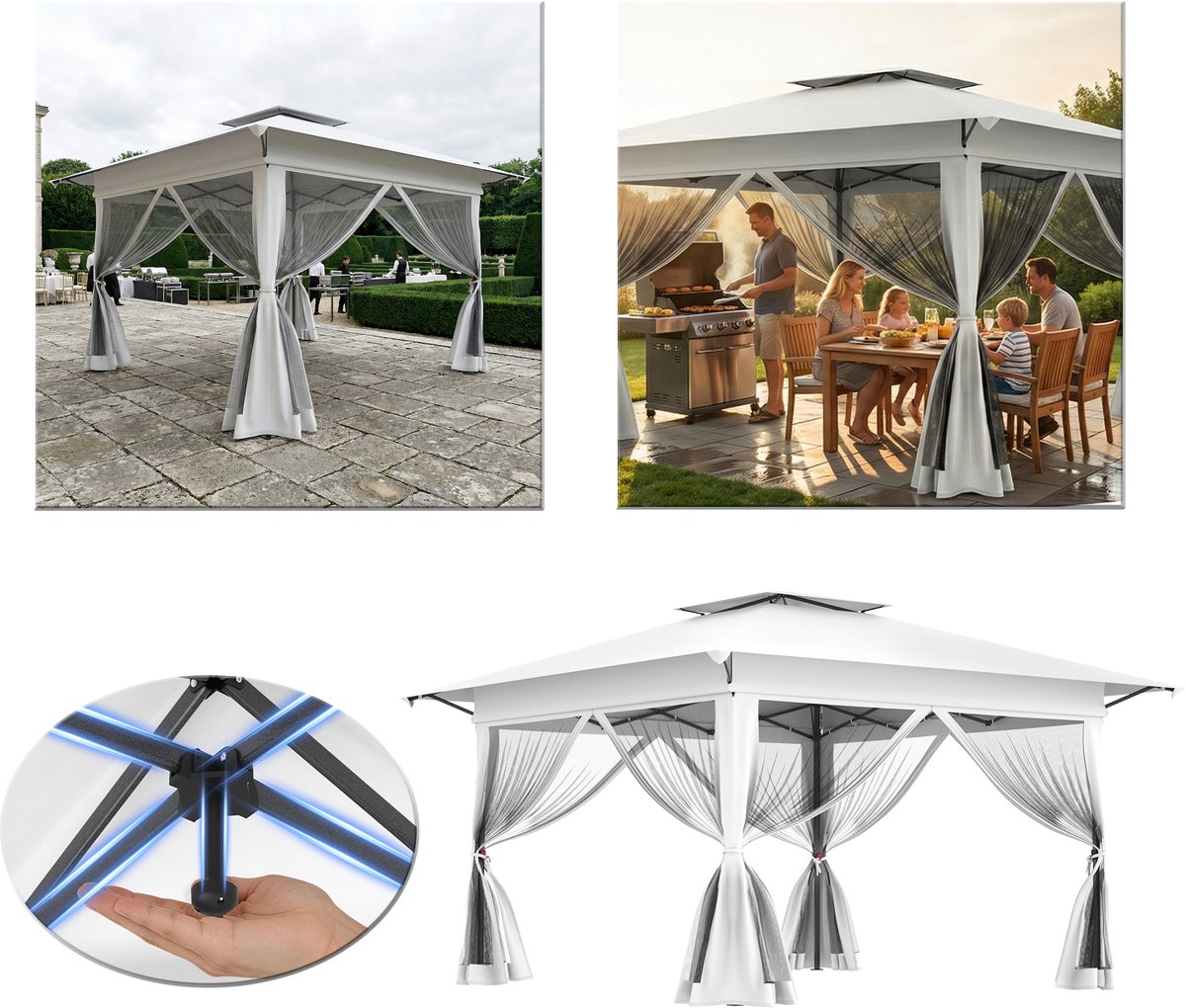 Froadp 4x4m Wit Opklapbare Pop-up Paviljoen, Eén Knop Installatie Feesttent met Ventilatie, Dubbel Dak Tuintent met Muggengaas, Hoogteverstelbaar Paviljoen, UV-Bescherming, Incl Tas