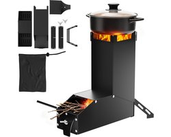 Zwart Stalen Raketoven, Outdoor Houtkachel met Afneembaar Bovenstaand Gemonteerd Dwarsframe voor Droge Potten, Campingbarbecues En Soeppanten, Draagbare Raketkooktoestel Voor Camping, Strand, Tuin