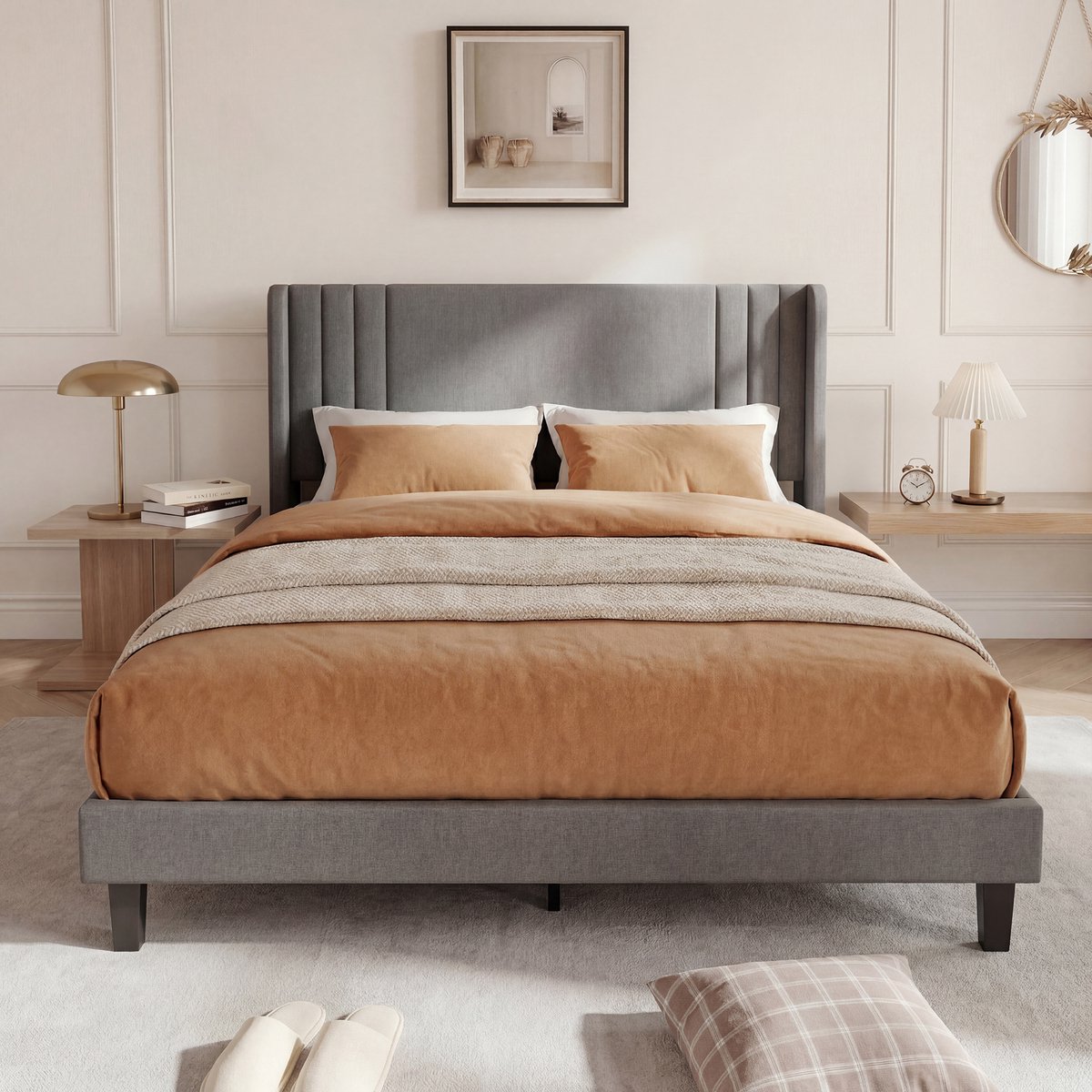 Tweepersoonsbed 160x200 cm met Opbergruimte – Gestoffeerd Bedframe van Grijs Linnen met Gestreept Hoofdbord – Stevig en Stil