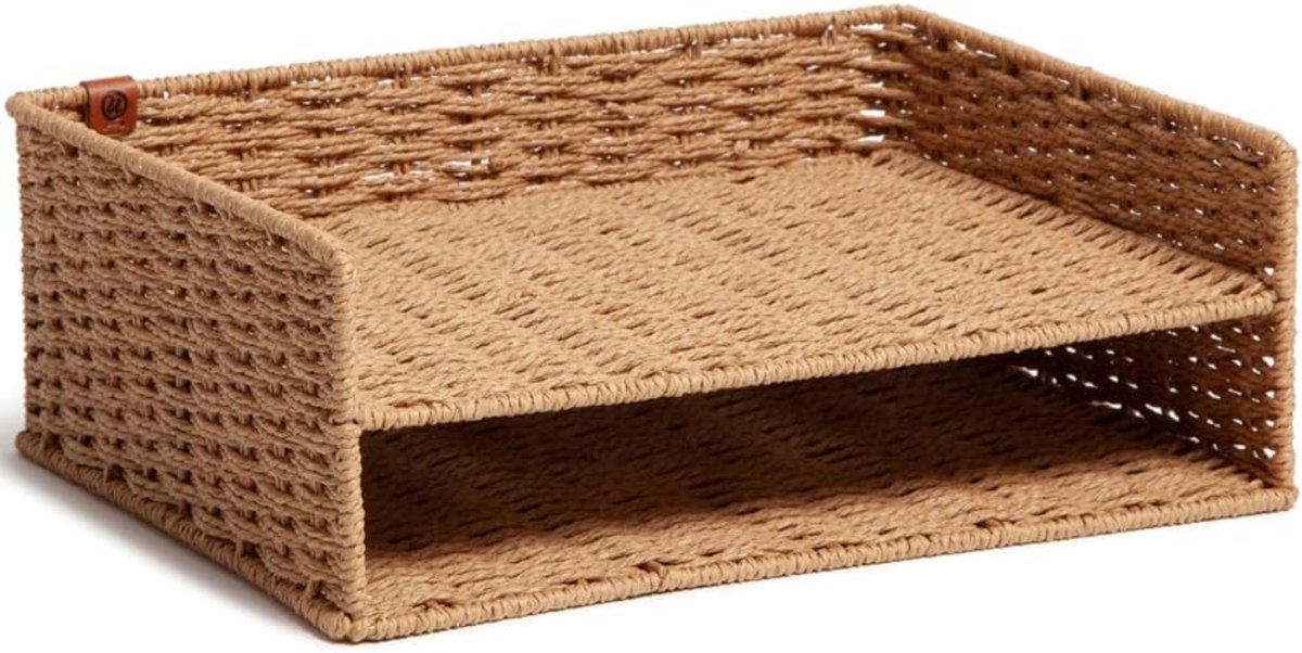 Papierlade Twee Niveaus - Bureau Organizer - Kantoor Organiseren - Geweven Papier Stijl - 25x25x25 mm - Bruin