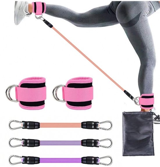 Set roze enkelbanden met een roze weerstandsband, een opbergtas en twee aparte roze enkelbanden.