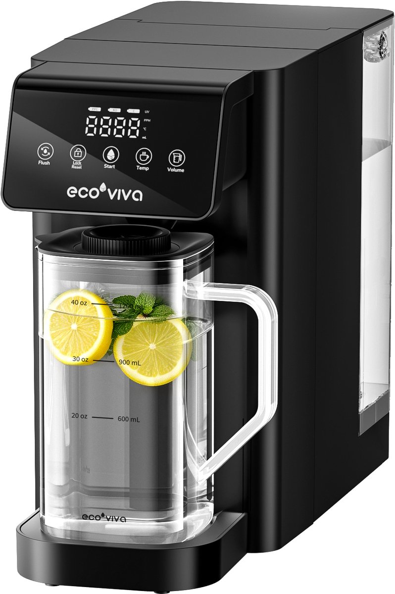 Ecoviva MATE5 Waterfilter - 8-Traps Omgekeerde Osmose Waterfiltratiesysteem - Instant Heetwater - UV-Sterilisatie - TDS Monitor - filtert PFAS - Met Multifunctionele Waterkan - Zwart