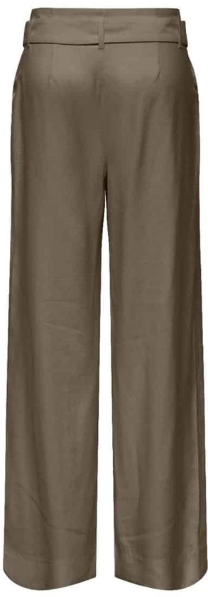 Olijfgroene broek met wijde pijpen en een ceintuur. Zicht op de achterkant van de broek.