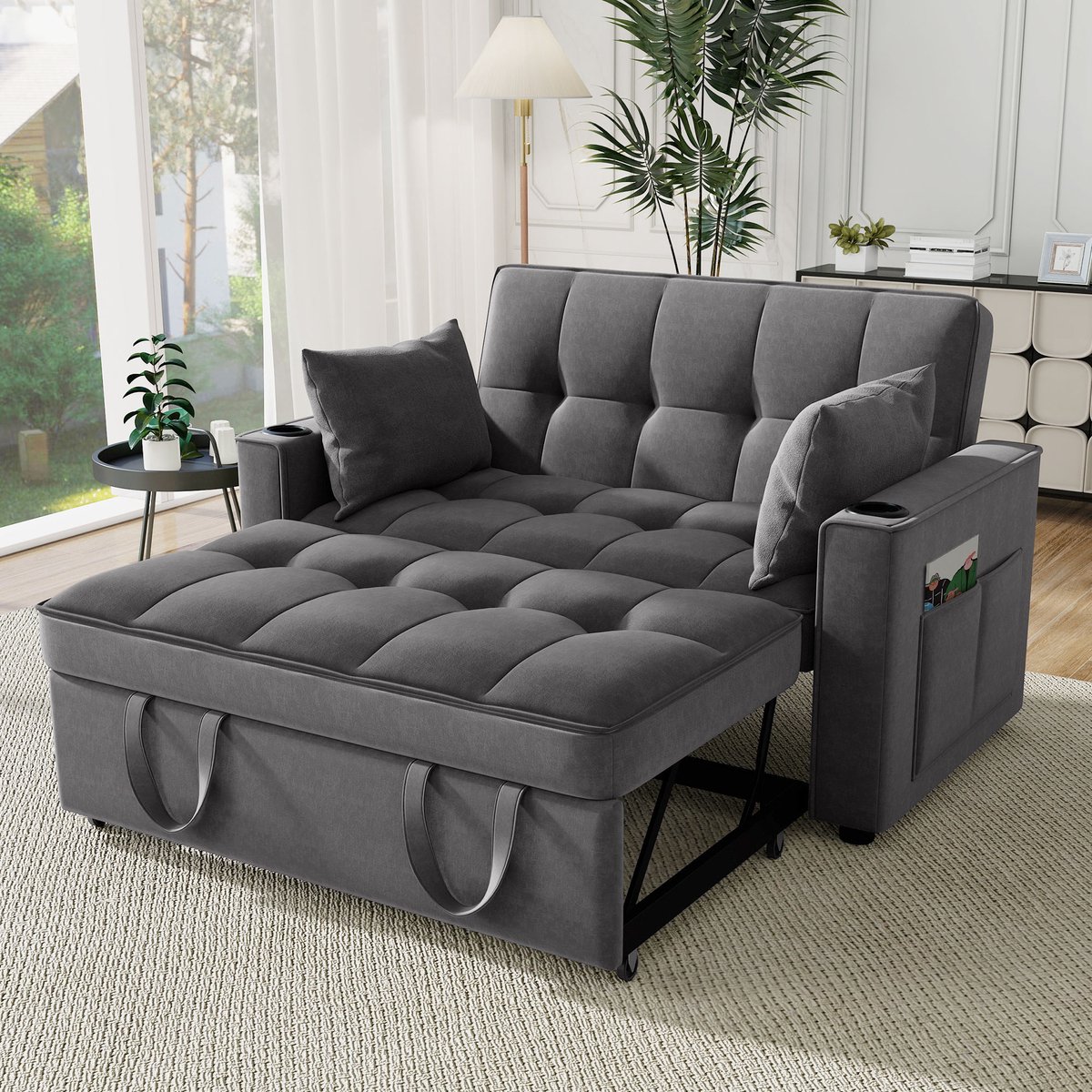 REDOM - Slaapbank - Uitschuifbaar En Verstelbare Rugleuning - Multifunctioneel - Woonkamer - Fluweel - Grijs - 137 X 76,5 X 83 Cm