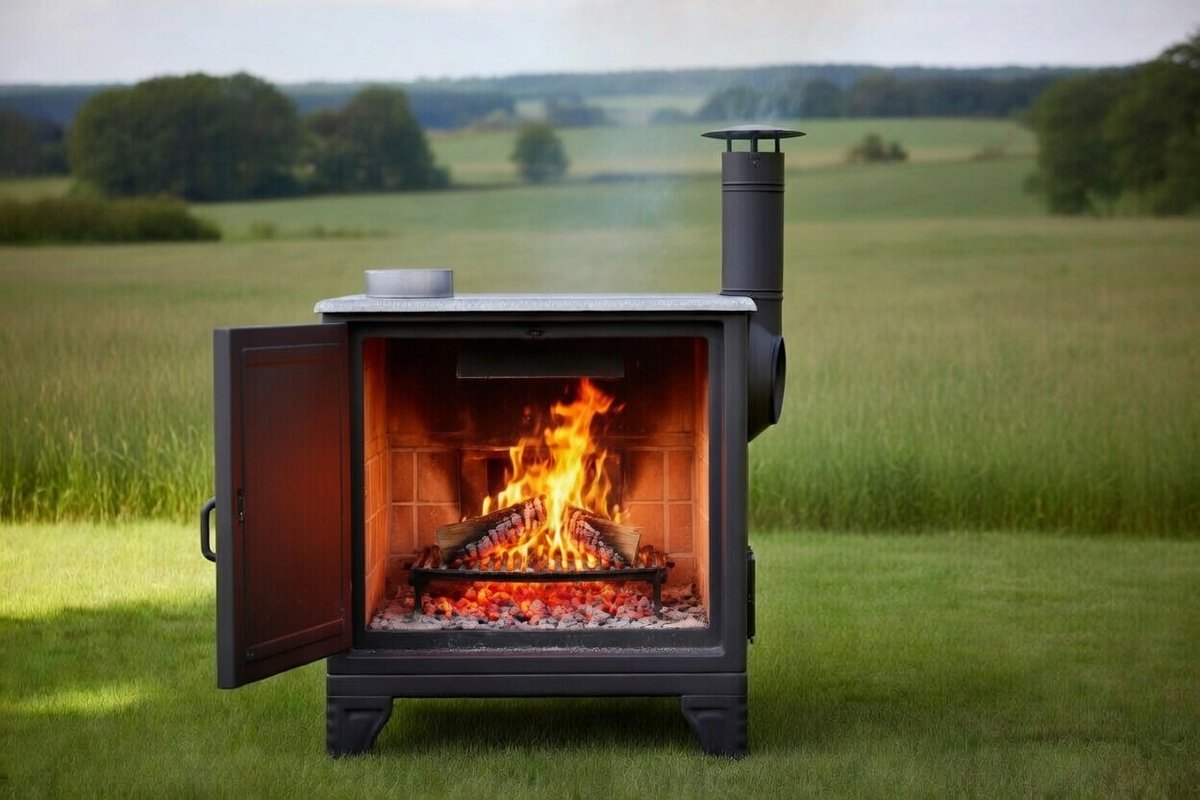 Outdoor keukenoven houtkachel 82 x 60 x 43 cm – Multifunctionele Tuinhaard met Oven, Kookplaat, Pizzaoven & Grill – Gietijzer, Staal en Vuurvaste Steen – Inclusief Schoorsteenbuizen & Waterdichte Hoes – Grijs – NoviHome