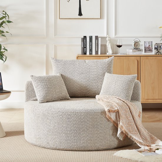 REDOM Ronde Plofbank - Royale Loungestoel van Chenille - Met Nekrol & Zonder Montage - Voor Woonkamer - Khaki - Ø127x85 cm