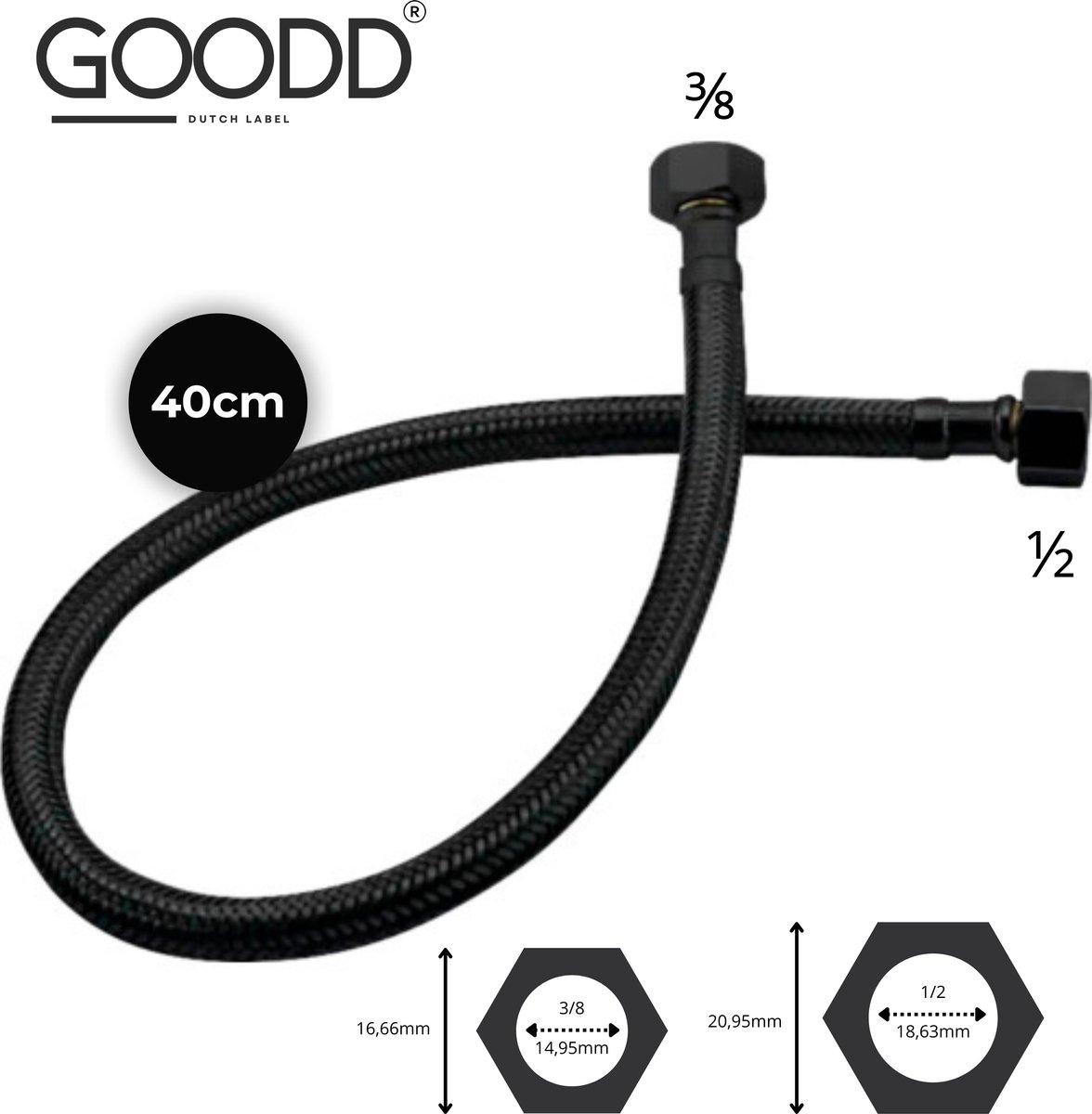 GOODD® - Flexibele aansluitslang - Zwart - Nylon - 40 CM - Fonteinkraan - 1/2 en 3/8 inch - Knikvrij