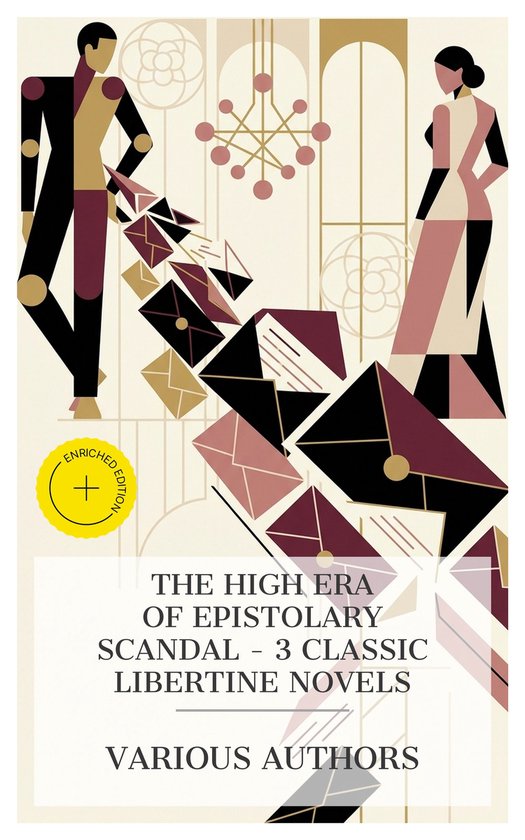 Boekcover met geometrische patronen, twee silhouetten van een vrouw en man, en postpakketten. Titel: THE HIGH ERA OF EPISTOLARY SCANDAL.
