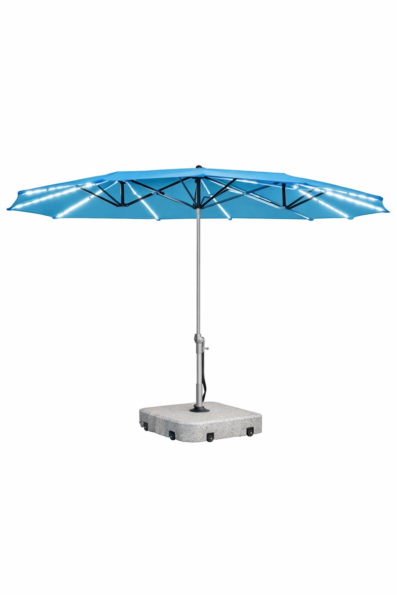 Jurrys Parasol - Parasolvoet - Zonnescherm - Schaduwdoek - Complete Set - Extra tuinverlichting - Graniet - Maat 451 x 267 cm - Blauw