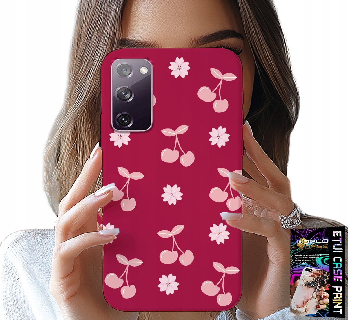 HOESJE VOOR SAMSUNG GALAXY S20 LITE - KERSEN, KERSEN OP EEN BORDEAUXROOD ACHTERGROND + FILM