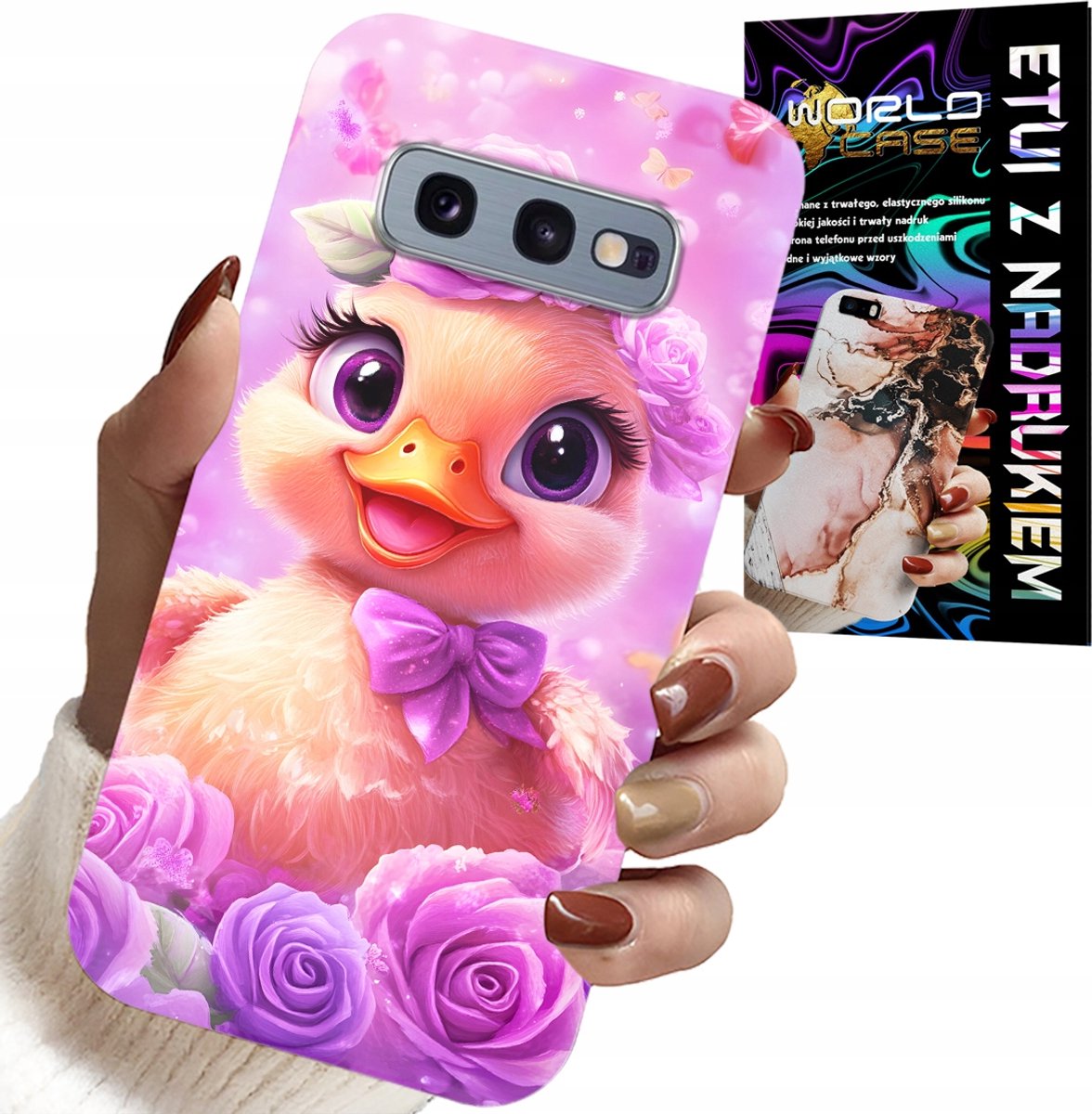 HOESJE VOOR SAMSUNG GALAXY S10E - SCHATTIG EENDJE OP EEN ROZE ACHTERGROND