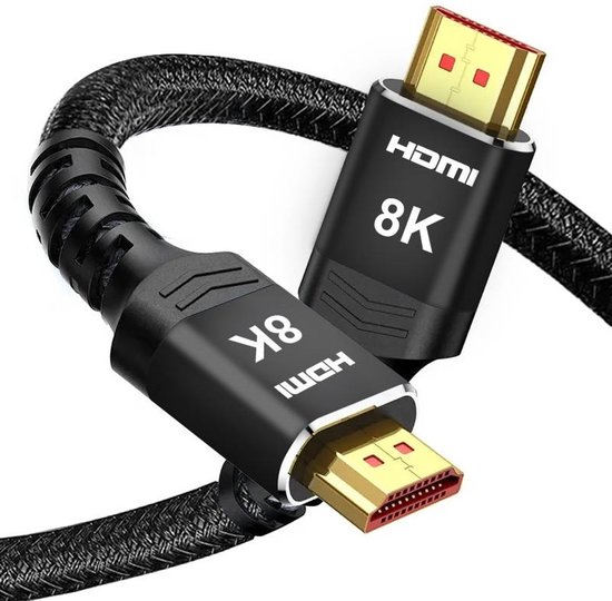Gedetailleerde weergave van twee zwarte 8K HDMI-kabels met vergulde connectoren.