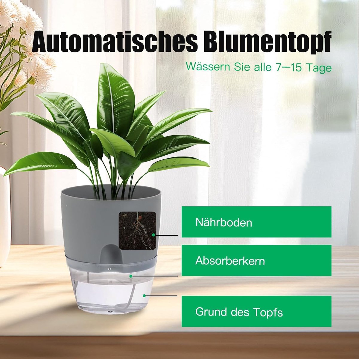 Set van 3 zelfwaterende bloempotten - Bloempotten - Transparante bloempotten - Met drainagegaten en waterabsorberend touw - Kunststof - Grijs — cadeau in Cadeau-ideeën - foto 8