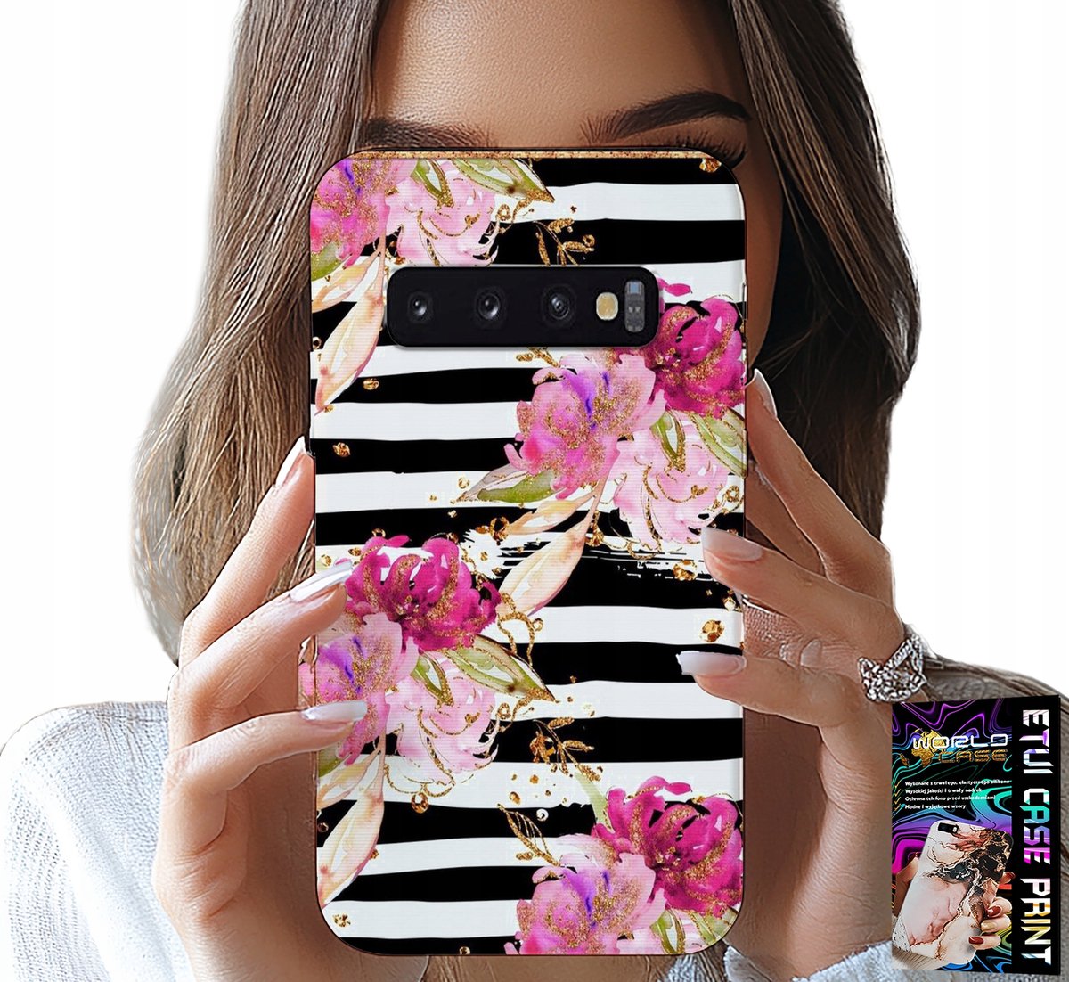 HOESJE VOOR SAMSUNG GALAXY S10 PLUS - BLOEMENPATROON IN ZWART-WIT GESTREEPT