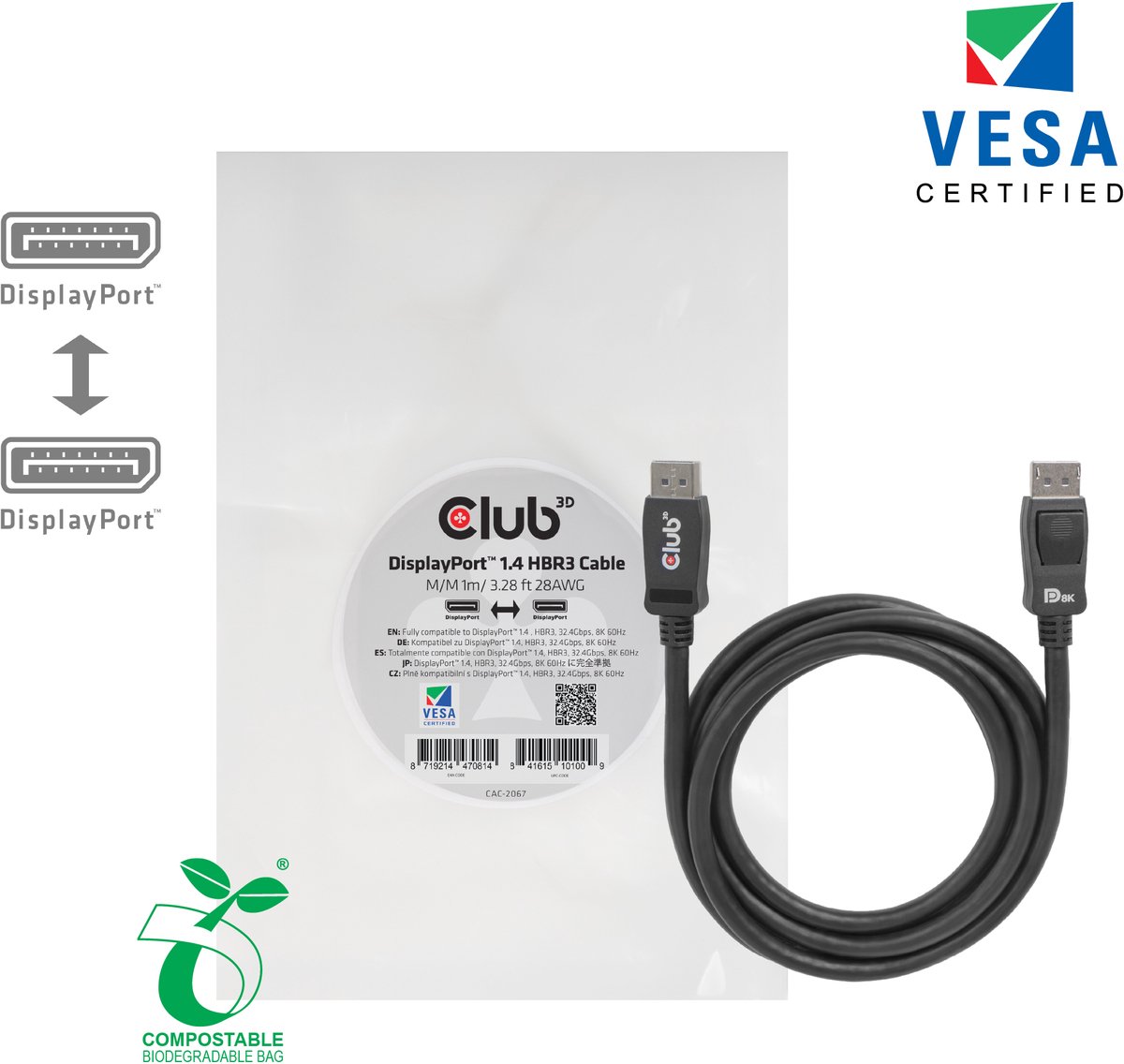 Club 3D DisplayPort™ 1.4 HBR3 Cable Male/Male 1m/3.28ft 28AWG