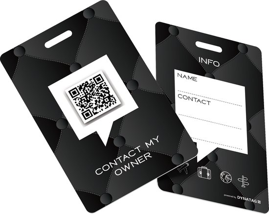 Zwarte bagagelabel met gestikt patroon, QR-code en 'CONTACT MY OWNER'. Achterkant met velden voor naam en contact.