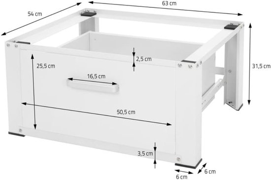 SAVI® Wasmachine Verhoger - Wasmachine Verhoger met Lade - Wasmachine Sokkel Met Laadcapaciteit tot 150 KG - Wit - 63cm x 54cm x 32cm