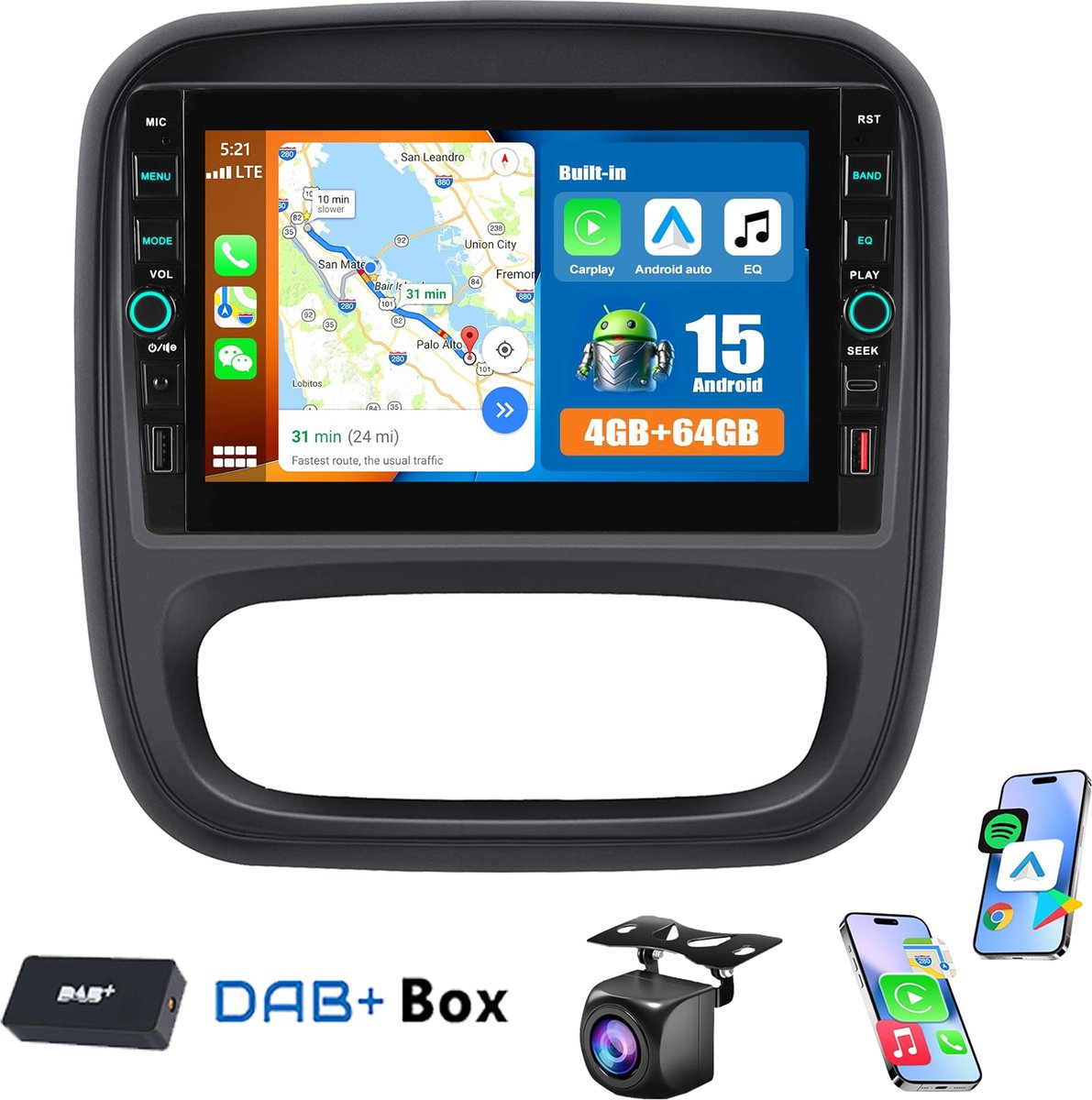 ESSGOO DAB+ Autoradio - 4+64GB - Geschikt Voor Opel Vivaro B 2014 t/m 2018 - Geschikt Voor Renault Trafic III 2014 t/m 2021 - Carplay & Android auto - Met navigatie GPS - 8 Inch QLED Touchscreen - Achteruitrijcamera