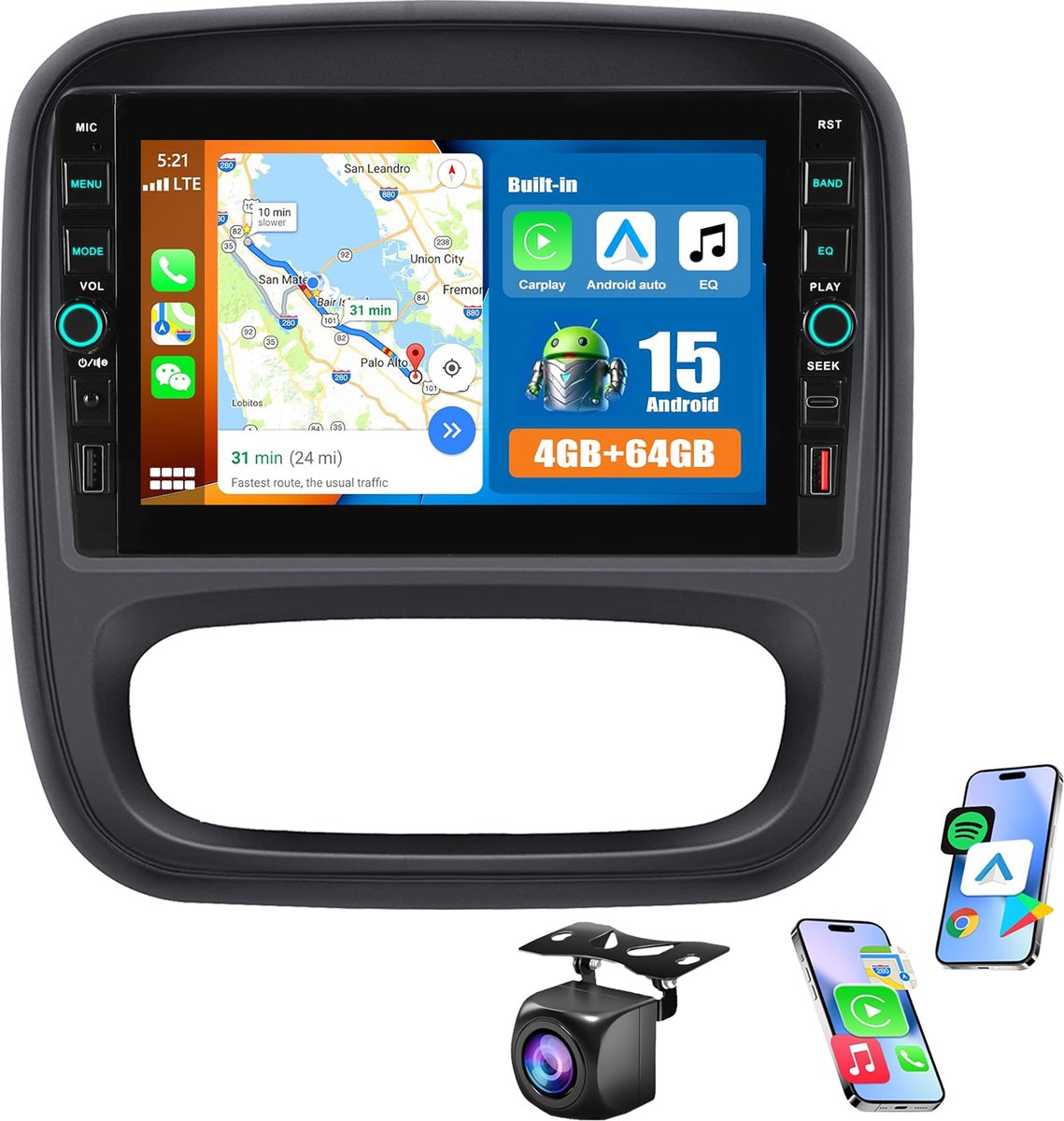 ESSGOO Autoradio - 4+64GB - Geschikt Voor Opel Vivaro B 2014 t/m 2018 - Geschikt Voor Renault Trafic III 2014 t/m 2021 - Carplay & Android auto - Met navigatie GPS - 8 Inch QLED Touchscreen - Achteruitrijcamera
