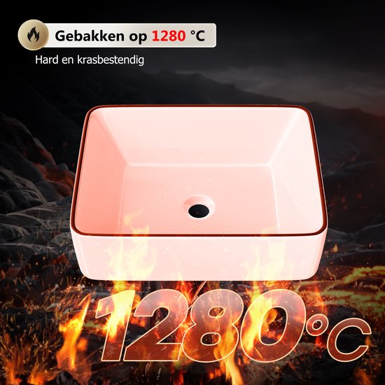 Illustratie van een witte wastafel met zwarte rand, gebakken op 1280 graden Celsius.