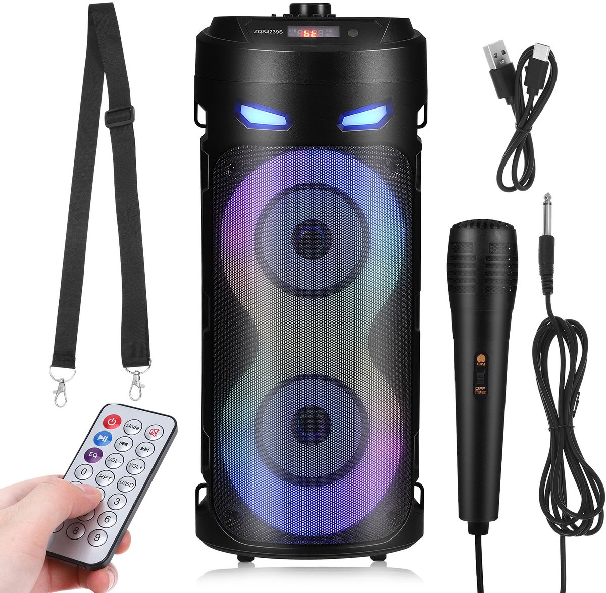 Draagbare PA Speaker – 100W Luidspreker met Subwoofer – 2 Microfoons & Afstandsbediening – Kleurrijke LED-verlichting – Voor Feesten, Buiten & Karaoke – Zwart