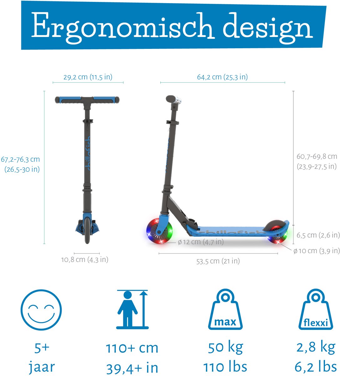 Chillafish Kinderstep jongens en meisjes vanaf 5 jaar met LED wielen - Blauw - Step met verstelbaar stuur en voetrem - Opvouwbaar en lichtgewicht met ABEC-5 wielen - Geen batterijen nodig - Model Flexxi Glow — afbeelding 5