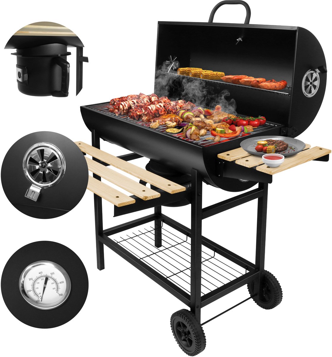 Gregman Roast 80 Houtskool BBQ - Grote Tuingrill met Deksel - Thermometer & Zijplanken - Verstelbare Luchtregeling - Zwart