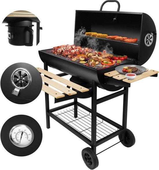 Gregman Roast 80 Barbecue à Charbon de Bois - Grand Grill de Jardin avec Couvercle - Thermomètre & Étagères Latérales - Régulation d'Air Ajustable - Noir