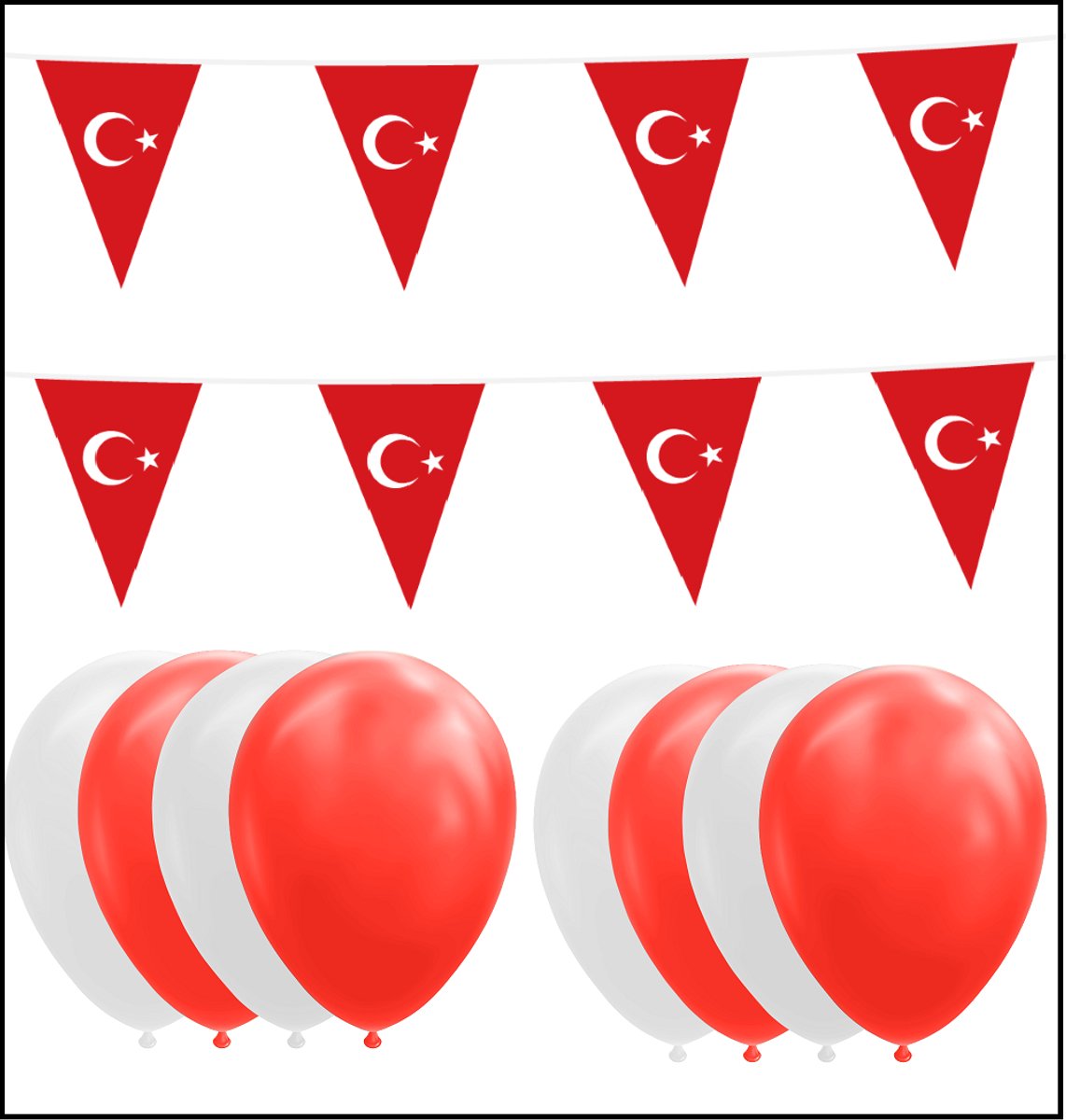 Turkije feestpakket Big - 6x Vlaggenlijn 10 meter + 100 ballonnen rood/wit - Versiering Slinger Feestdecoratie Decoratie