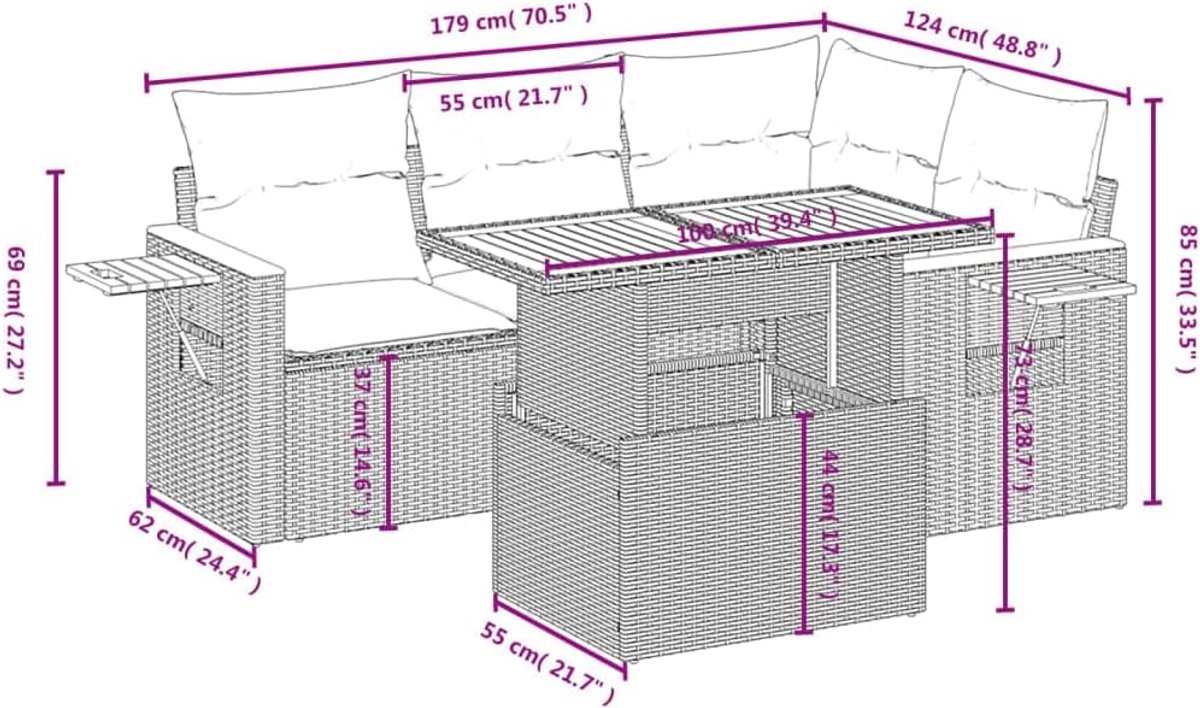 Tuinloungeset 5-delig Grijs – Bellavero Luxe Polyrotan Loungeset met Verstelbare Tafel & Opbergarmleuningen – Moderne Tuinmeubelset met Kussens voor Balkon, Terras & Tuin