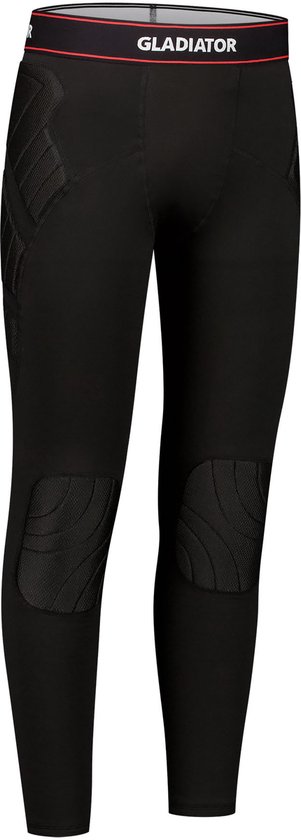 Zwarte legging met schuimrubberen padding op de heupen en knieën. Elastische band met 'GLADIATOR' opdruk.