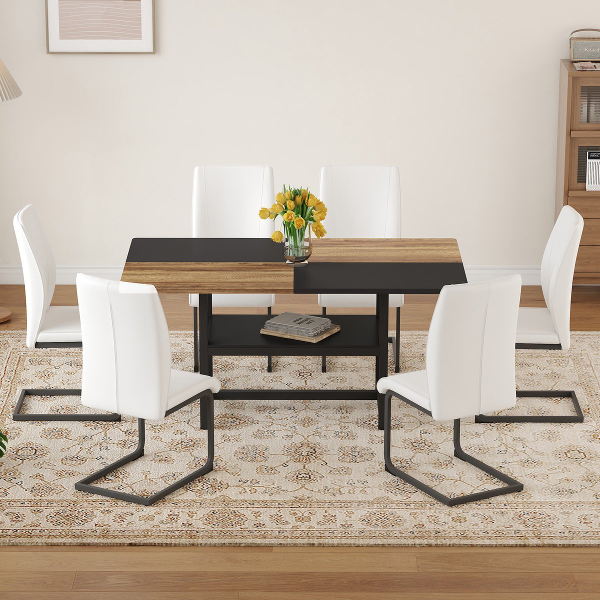 REDOM - Eettafelset Met 6 Stoelen En Opbergrek - Modern - Voor Eetkamer En Keuken - MDF, Metaal En Kunstleer - Wit/Hout - 160x90x76 Cm