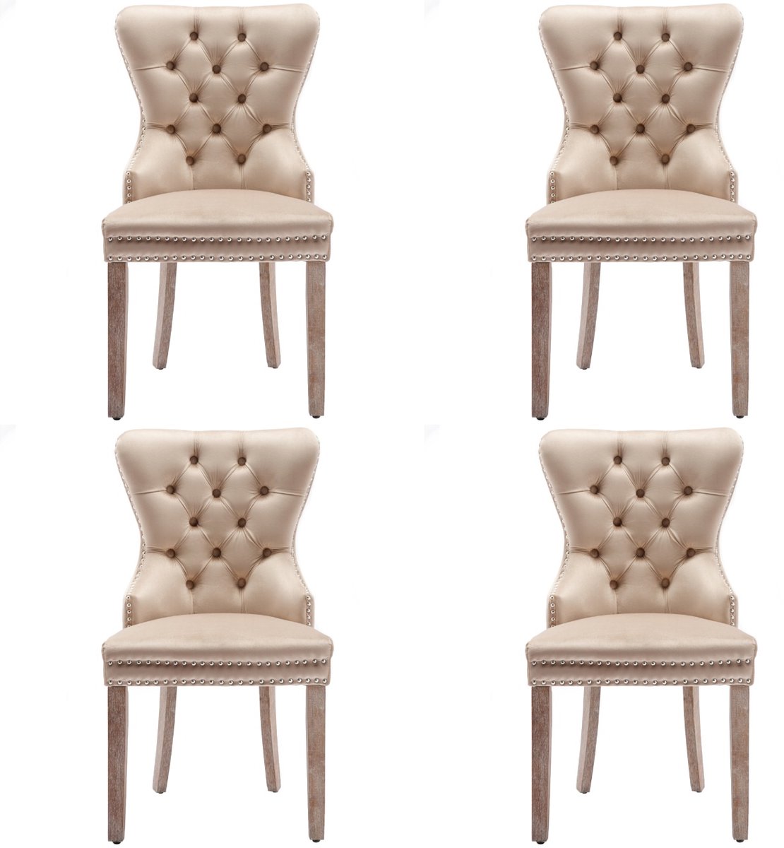 ROSAHQNDA Set van 4 massief houten eetkamerstoelen met fluwelen bekleding, siernagels, geschikt voor de keuken of woonkamer, beige