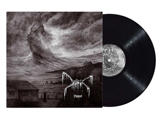 Zwarte vinylplaat met hoes met een tekening van een spookachtige figuur boven een dorp, met het logo 'Dypet'.