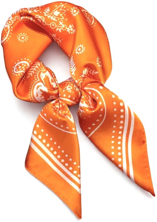 Sjaaltje met print - oranje - bandana met print - haarband - sjaaltje meerkleurig - bandana - vierkant sjaaltje met print - bandana sjaaltje - sjaaltje - oranje sjaaltje - oranje sjaal - orange - orange scarf - Koningsdag