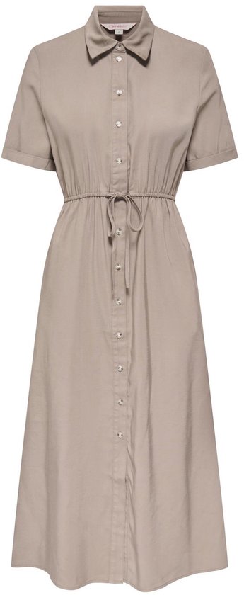 Taupe midi-jurk met korte mouwen, knopen en ceintuur in de taille, staand.