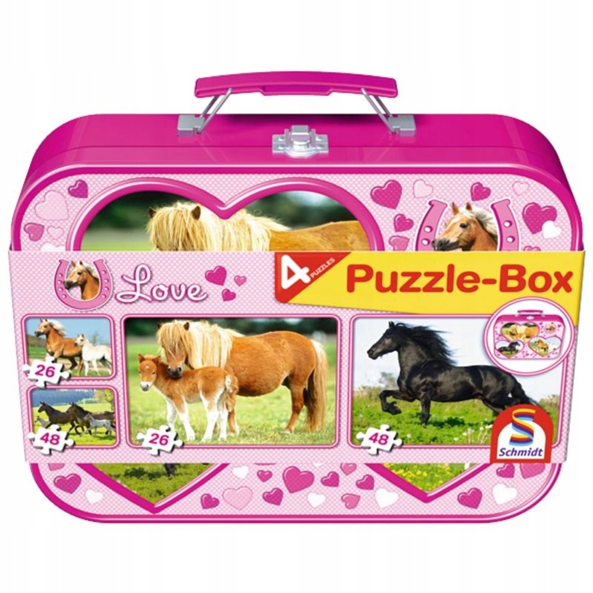 Schmidt - Legpuzzel - Paarden Box - 2x26 en 2x 48 stukjes in metalen koffer - Kinderen - vanaf 4 jaar