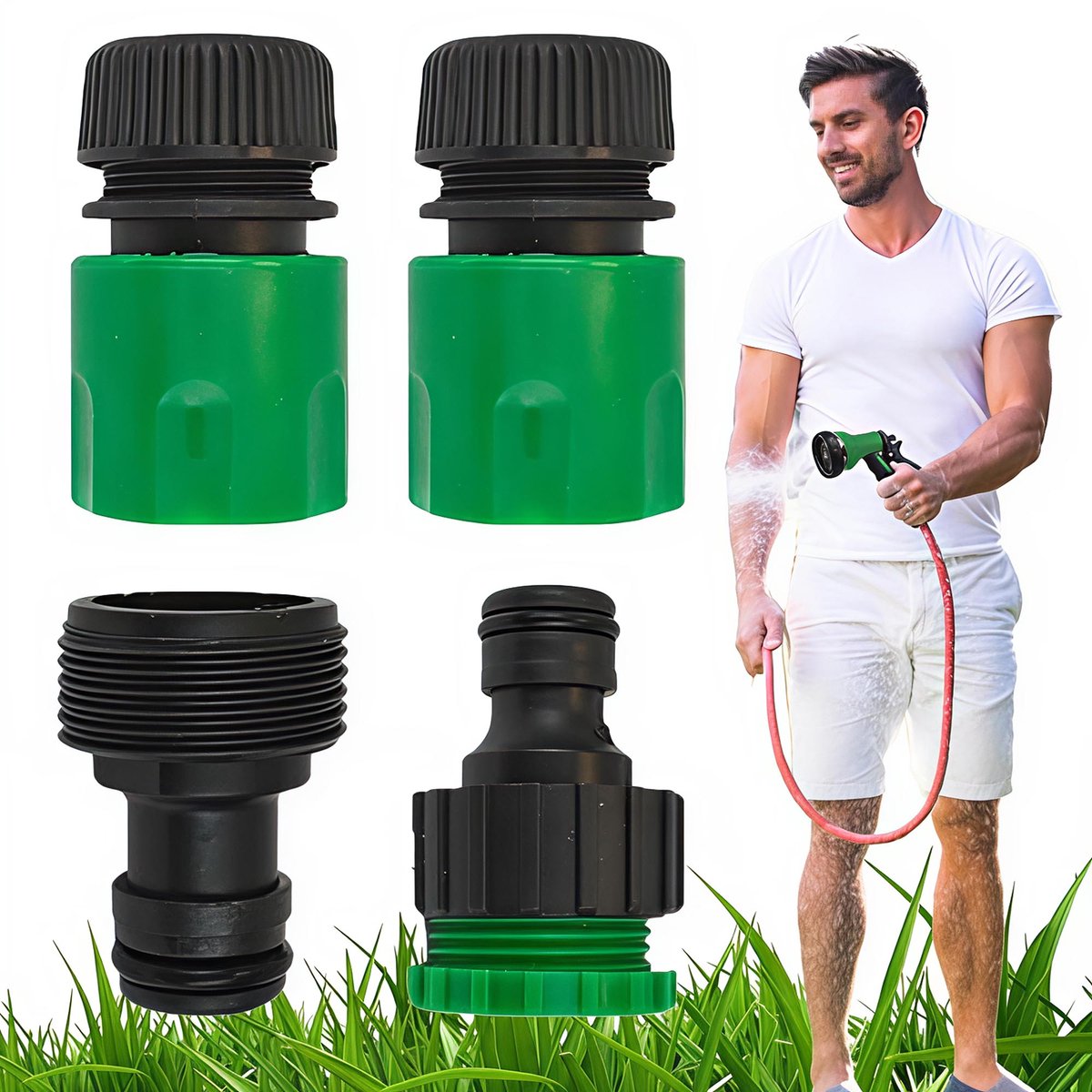 Garden Patch - Tuinslangkoppeling - Zwart en Groen - Set van 4